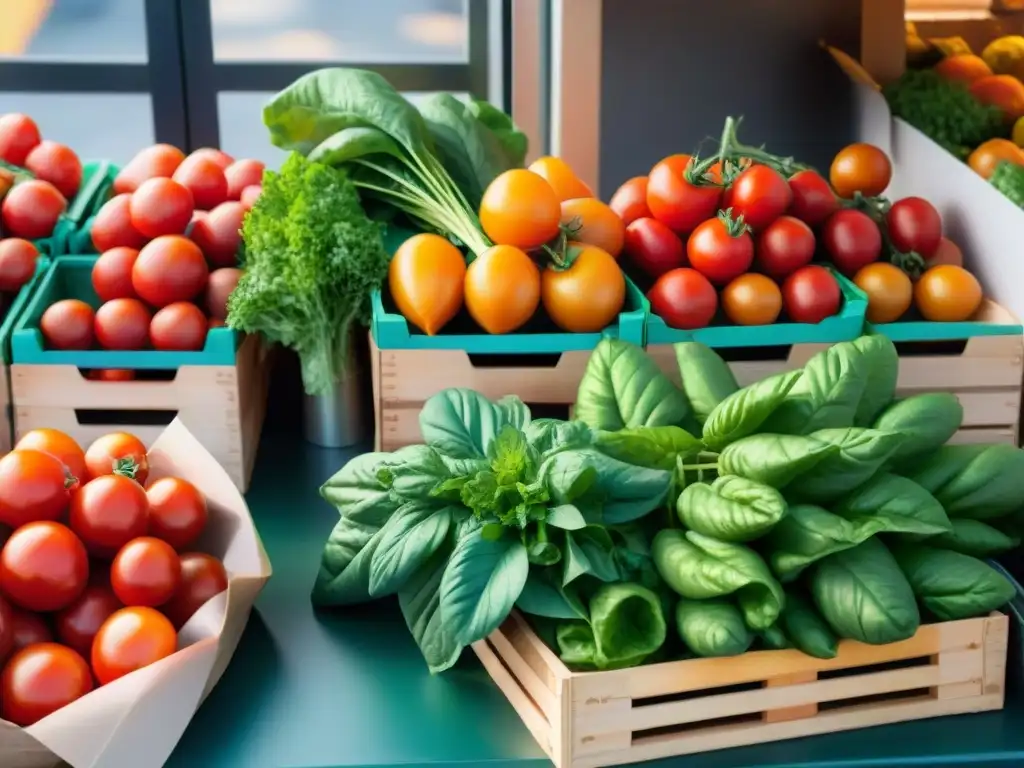 Una escena vibrante de mercado con productos frescos y coloridos