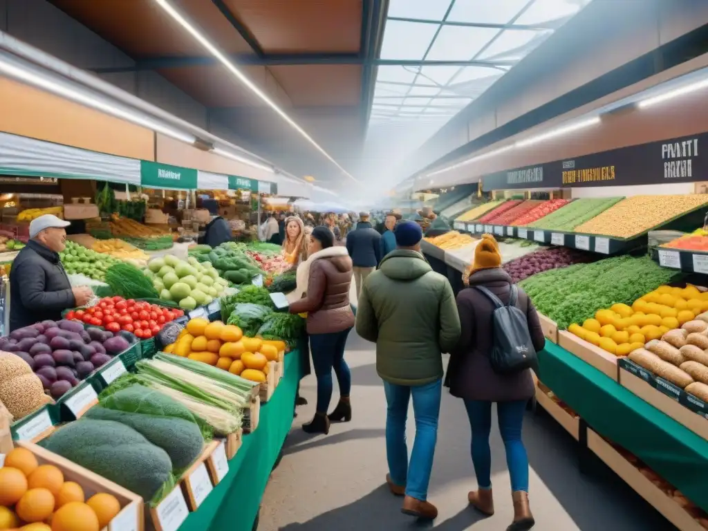 Escena vibrante de un mercado con vendedores y clientes diversos, incluyendo tiendas especializadas productos sin gluten