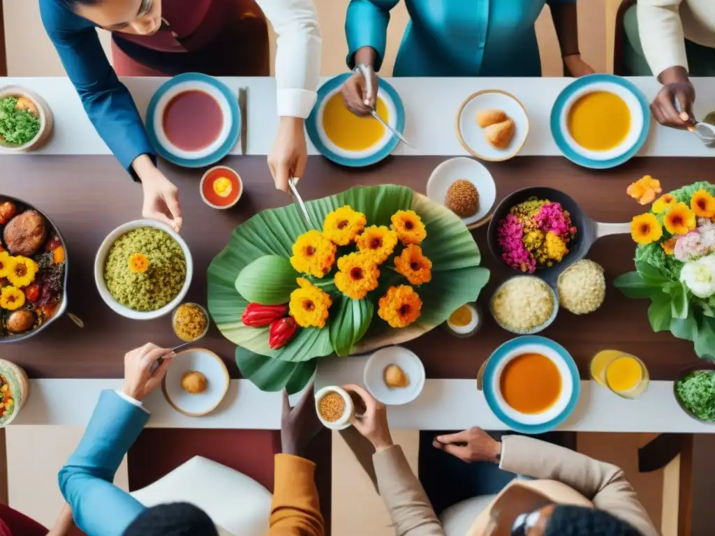 Una escena vibrante de personas disfrutando de comida sin gluten en distintos idiomas, en una mesa elegante y colorida