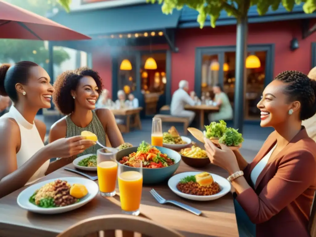 Una escena vibrante de personas disfrutando de una deliciosa comida sin gluten en un restaurante al aire libre