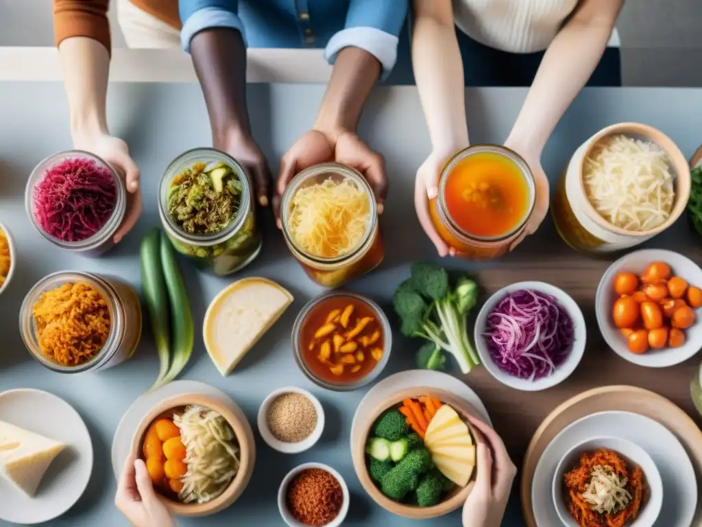 Una escena vibrante de personas diversas disfrutando de alimentos fermentados sin gluten en una mesa bellamente decorada