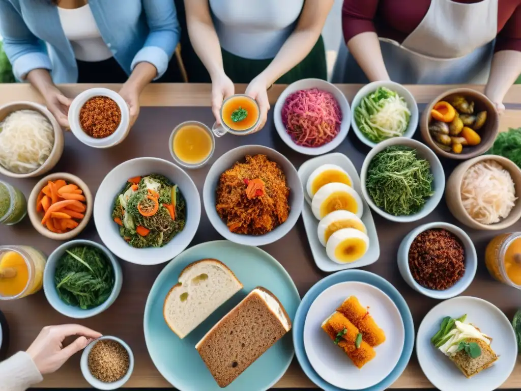 Una escena vibrante de personas diversas disfrutando de una mesa llena de alimentos fermentados sin gluten