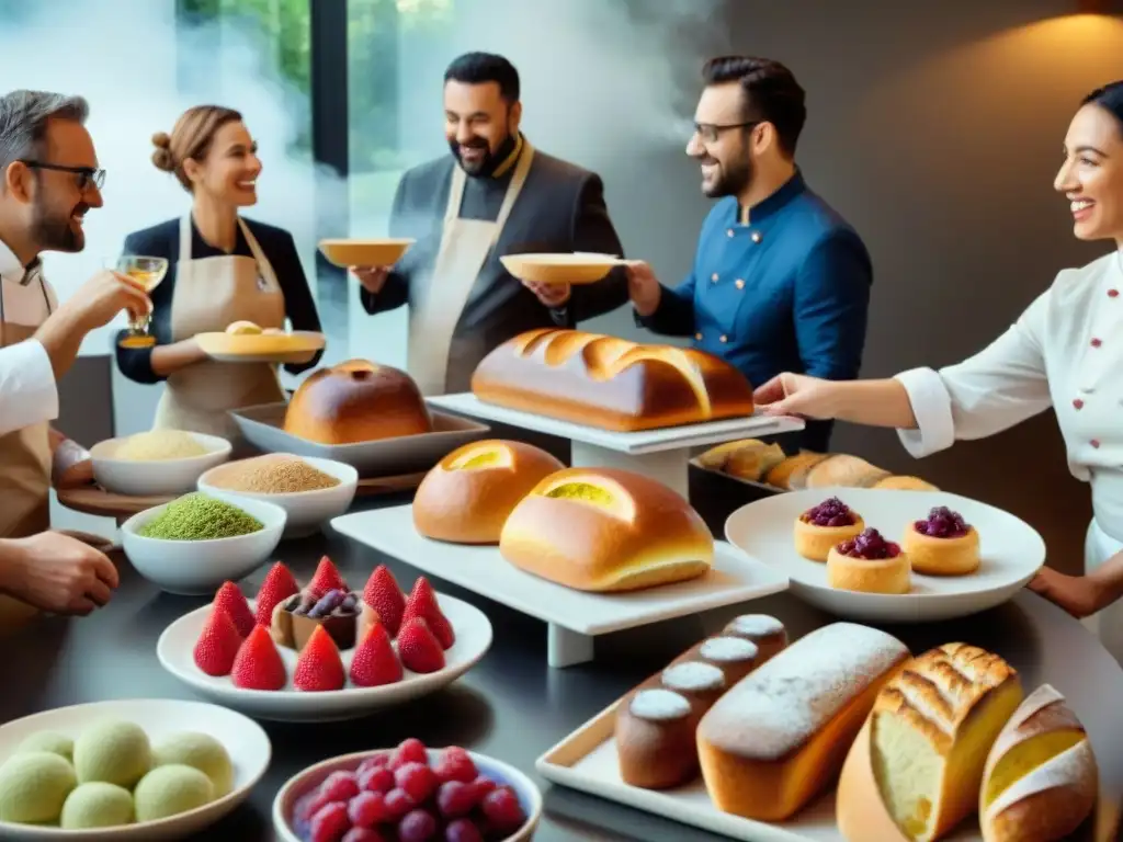 Una escena vibrante de personas probando y debatiendo innovadoras marcas sin gluten, con expresiones de alegría y descubrimiento