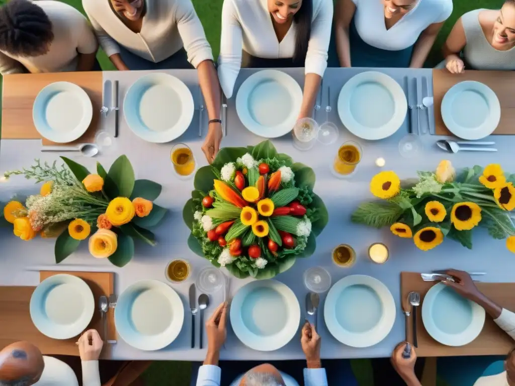 Una escena vibrante de personas disfrutando juntas de una comida sin gluten, transmitiendo alegría y comunidad