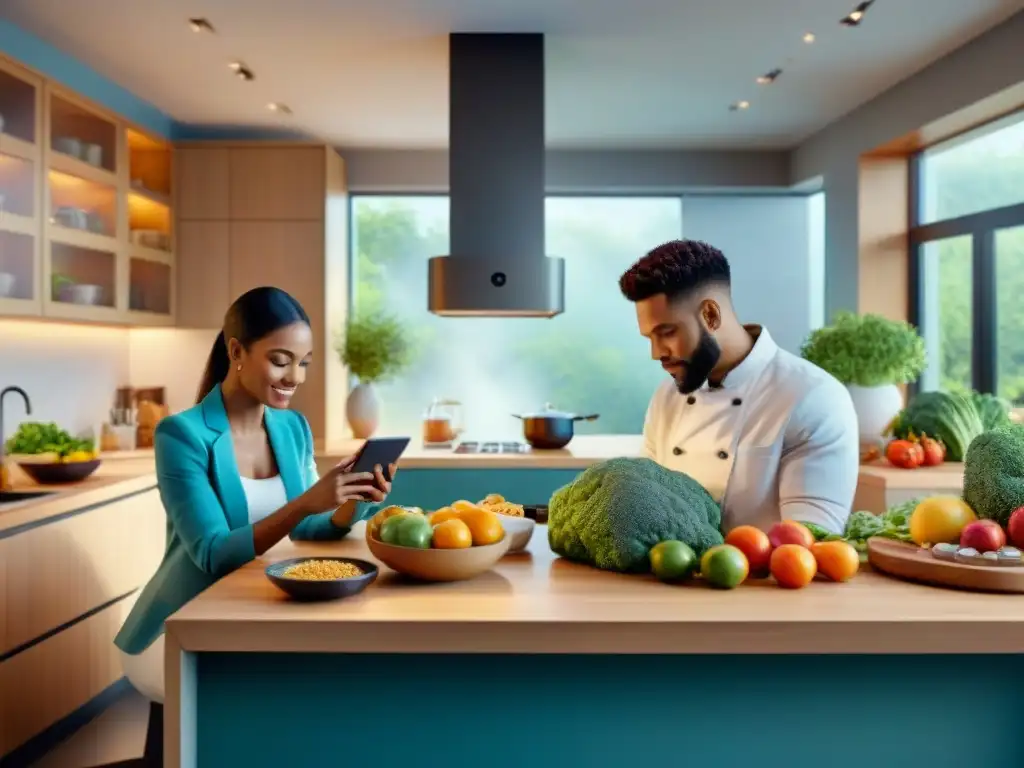 Una escena vibrante de personas usando tecnología en una cocina moderna con recetas sin gluten innovadoras