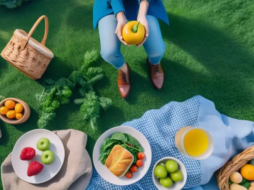 Una escena vibrante de un picnic al aire libre con comida sin gluten innovadora, rodeada de personas sonrientes y felices