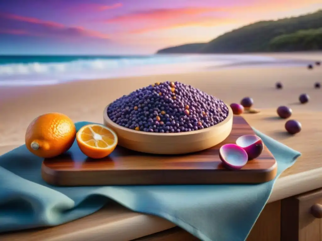 Escena vibrante de playa australiana al amanecer con ingredientes sin gluten de Australia, evocando innovar en la cocina sin gluten Australia