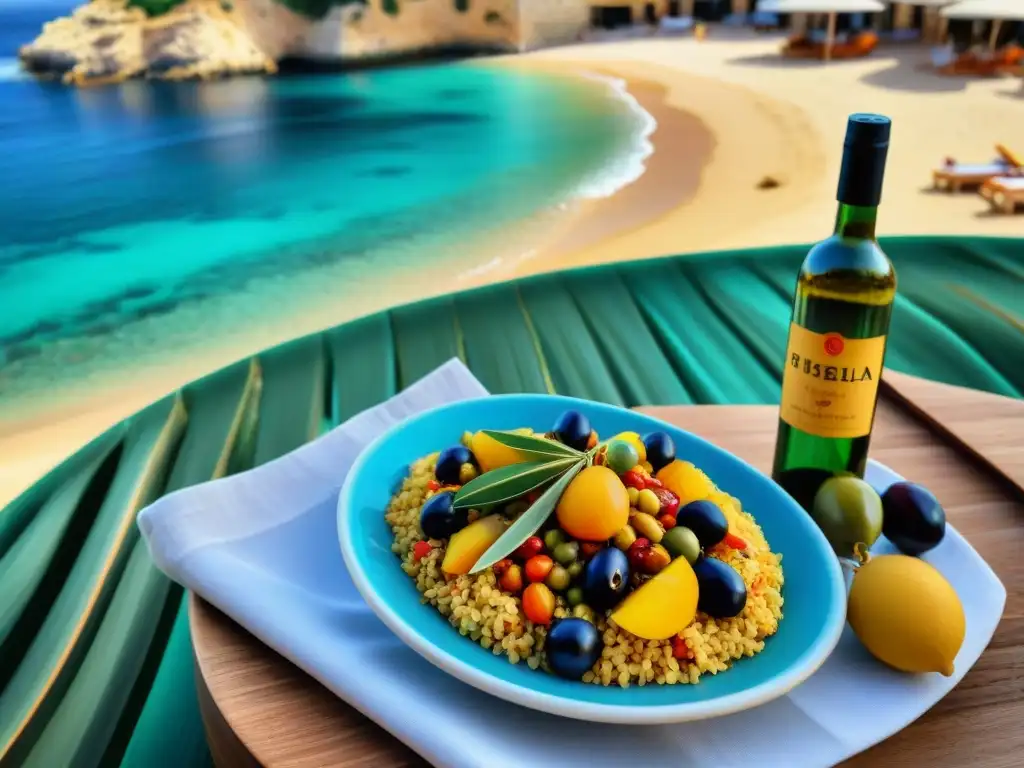 Escena vibrante en la playa de Ibiza con cocina sin gluten: paella, mariscos frescos y frutas bajo un parasol colorido