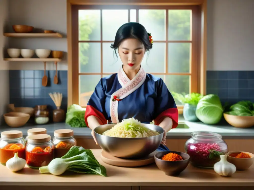 Una escena vibrante de preparación de kimchi sin gluten en casa