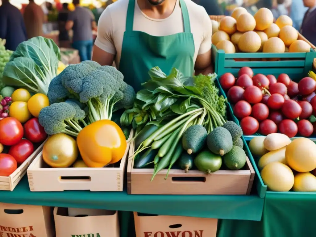 Una escena vibrante de un puesto de mercado rebosante de frutas y verduras coloridas, etiquetadas como sin gluten