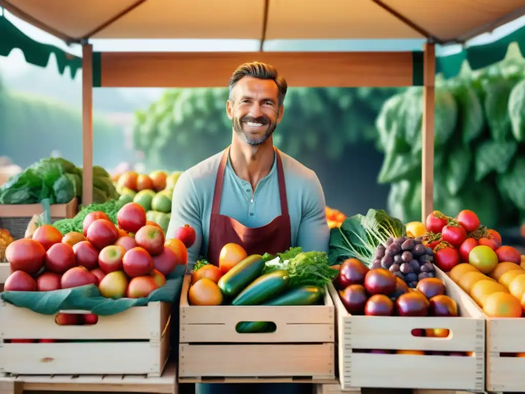 Escena vibrante de un puesto de mercado rebosante de frutas y verduras orgánicas, con una atmósfera comunitaria y saludable