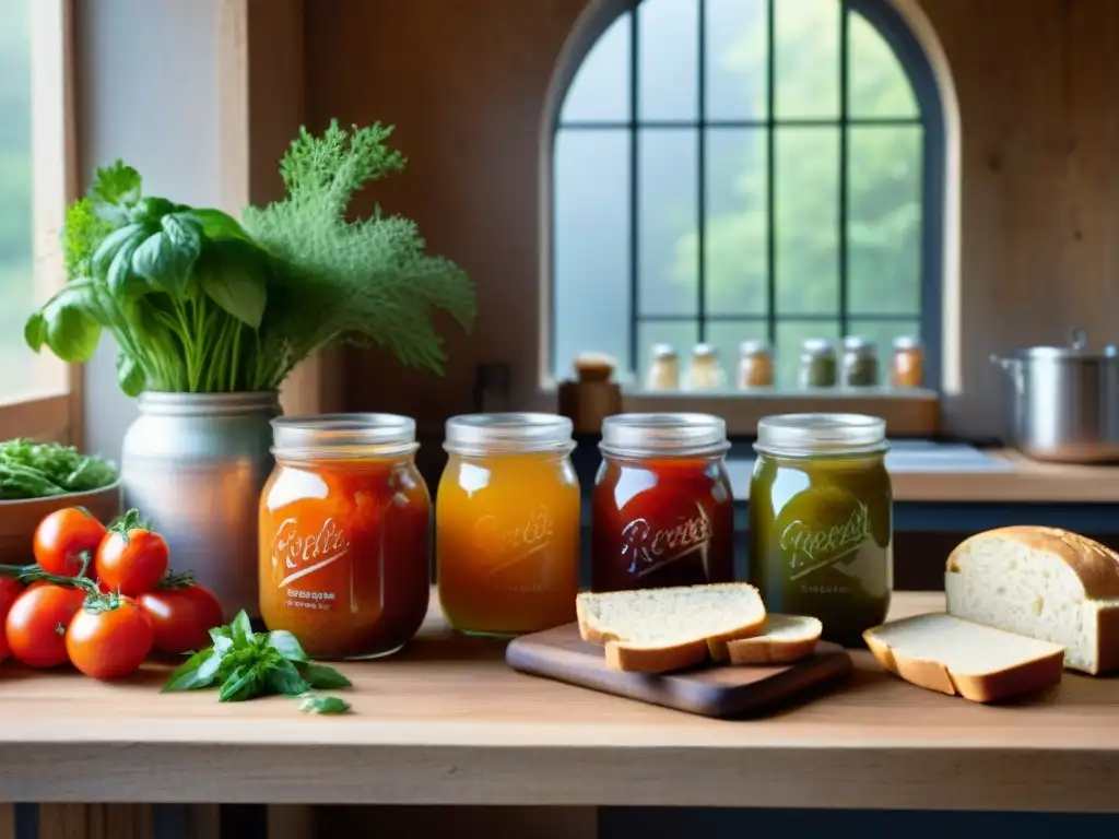 Una escena vibrante de recetas sin gluten fermentadas latinas en una mesa rústica, iluminada por el sol