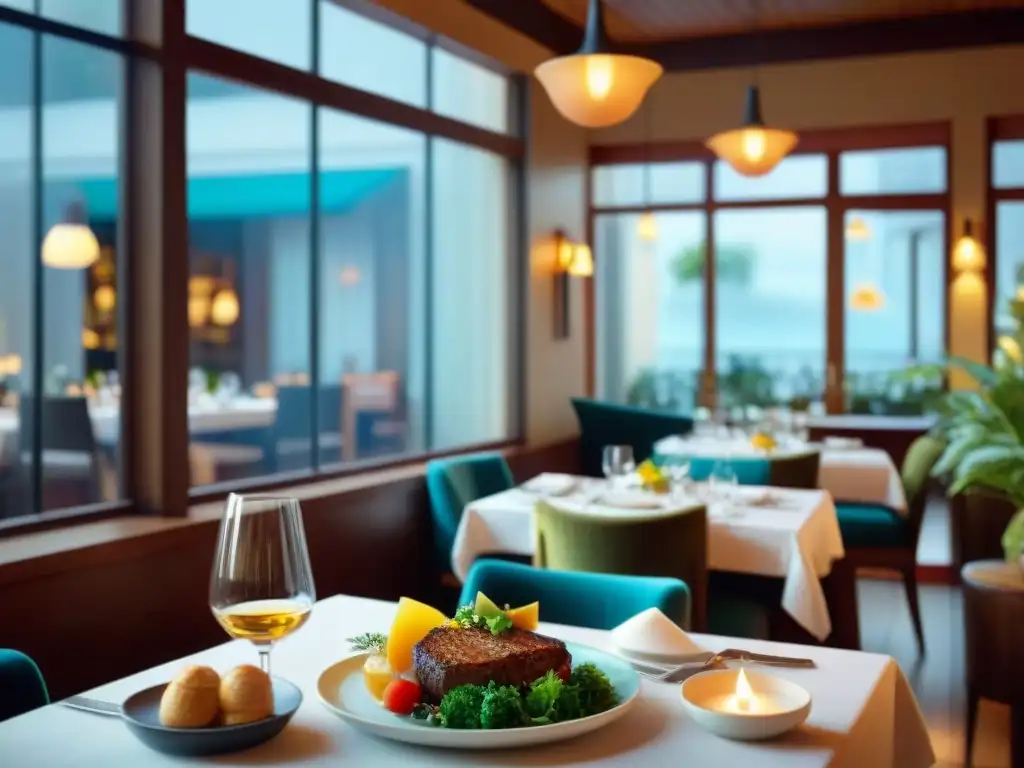 Una escena vibrante de restaurante con una mesa colorida y elegante, platos de Dieta FODMAP baja en gluten, en un ambiente cálido y acogedor