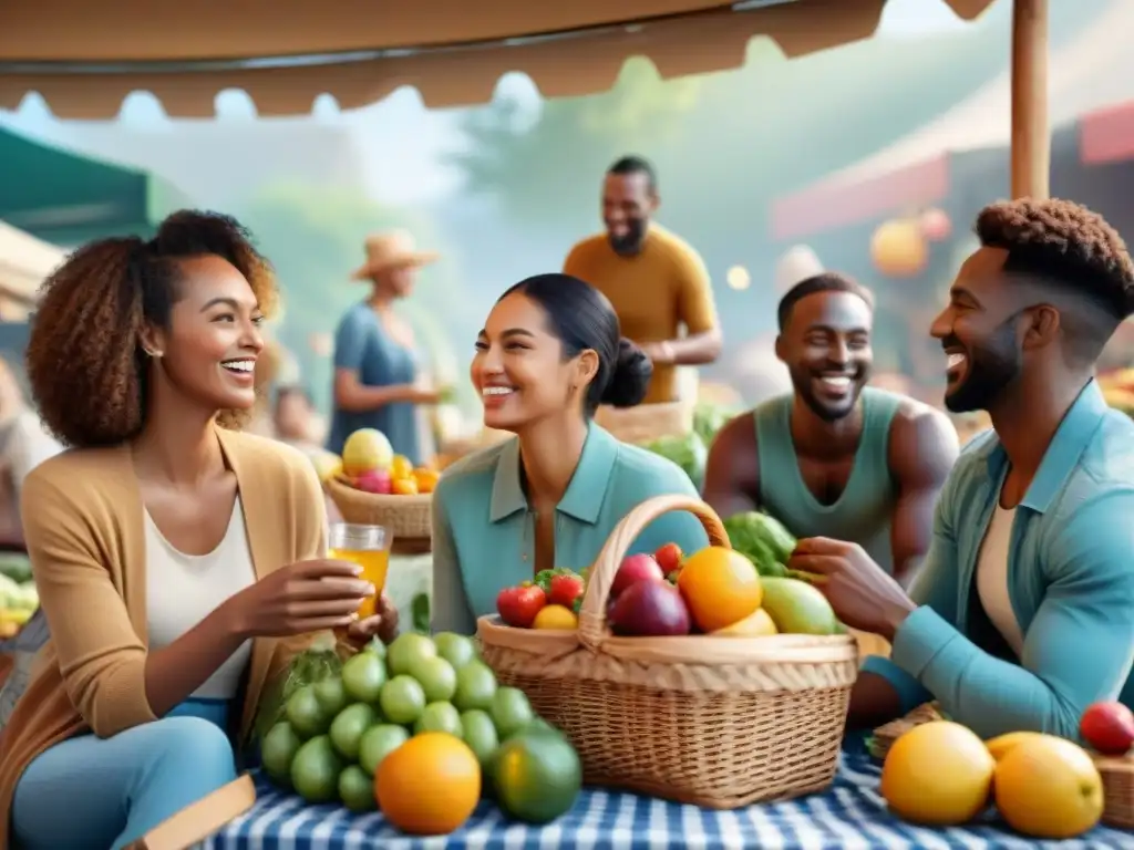 Escena vibrante y saludable en un mercado de alimentos orgánicos sin gluten, con personas felices compartiendo un picnic