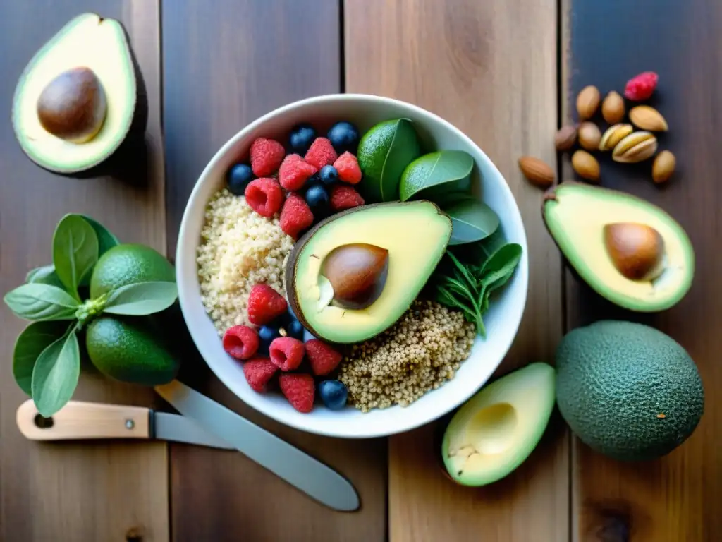 Una escena vibrante de superfoods sin gluten bajos en carbohidratos: bayas, aguacates, nueces, semillas, quinoa sobre mesa rústica