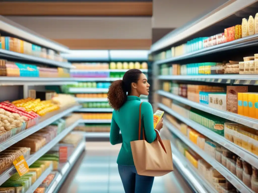 Una escena vibrante en un supermercado moderno con una variada selección de productos sin gluten y etiquetas llamativas