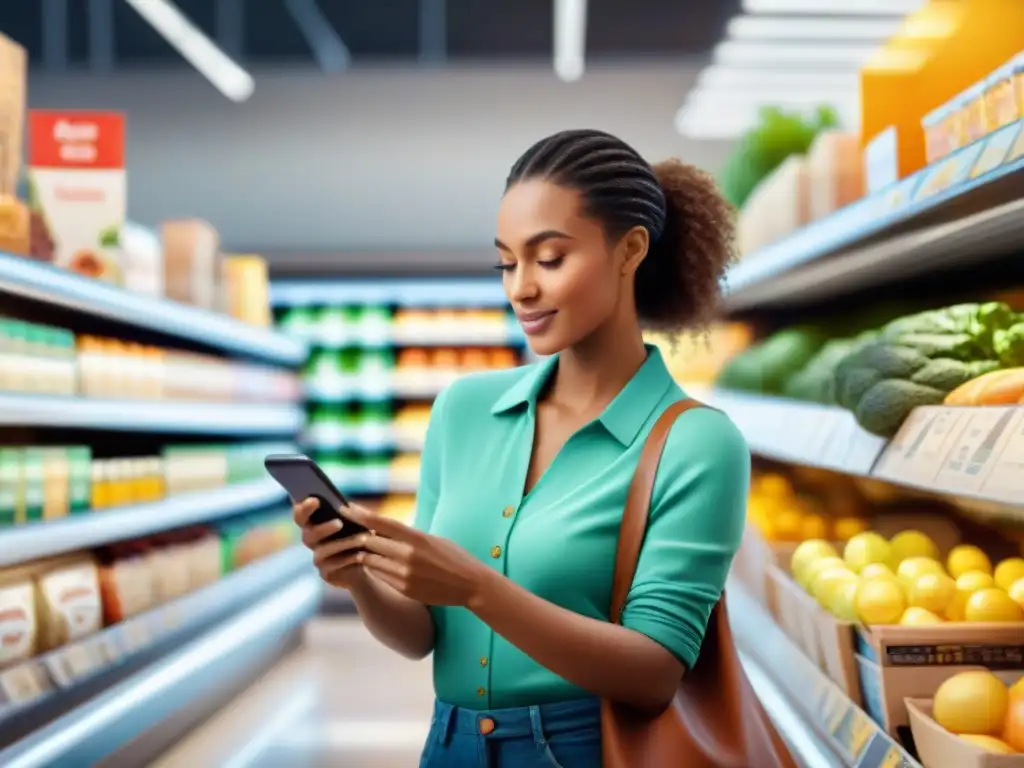 Una escena vibrante en el supermercado con personas de diferentes edades comprando productos sin gluten y usando las mejores apps