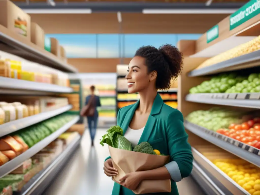 Una escena vibrante en una tienda ecoamigable con empaques sostenibles para alimentos sin gluten