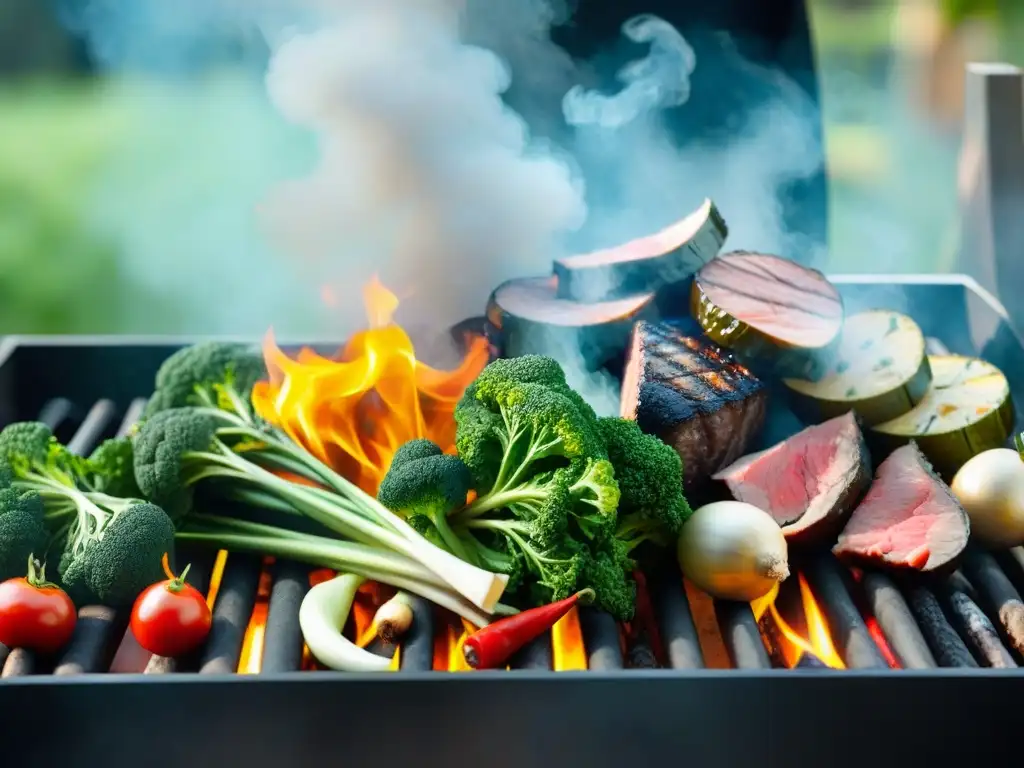 Una escena vibrante de verduras y carnes ahumadas en una parrilla, con llamas danzantes y humo elegante