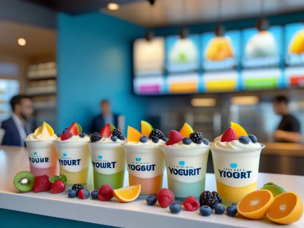 Una escena vibrante en una yogurt bar, donde personas de todas las edades disfrutan lácteos sin gluten innovadores