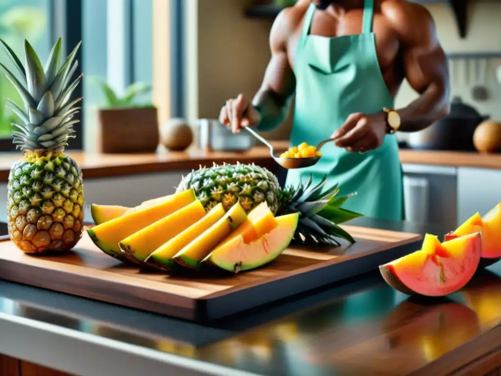 Un escenario caribeño vibrante con una cocina llena de frutas tropicales y un chef preparando recetas de ron sin gluten