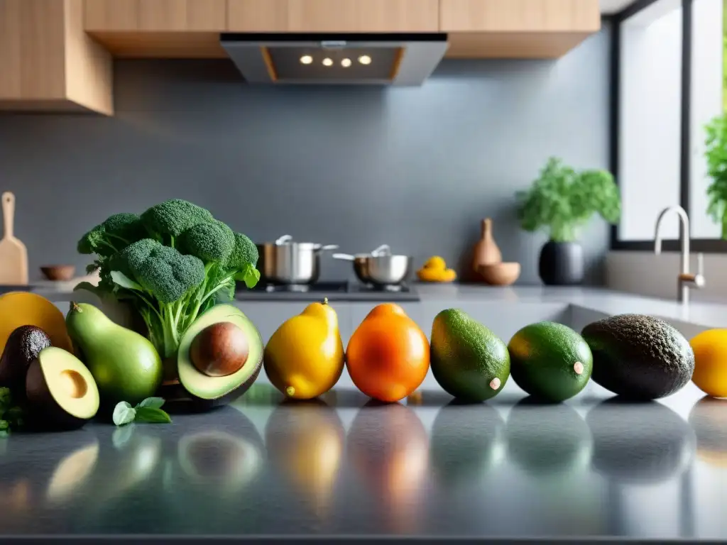 Un escenario de cocina moderna con ingredientes frescos y coloridos, un chef cortando aguacate