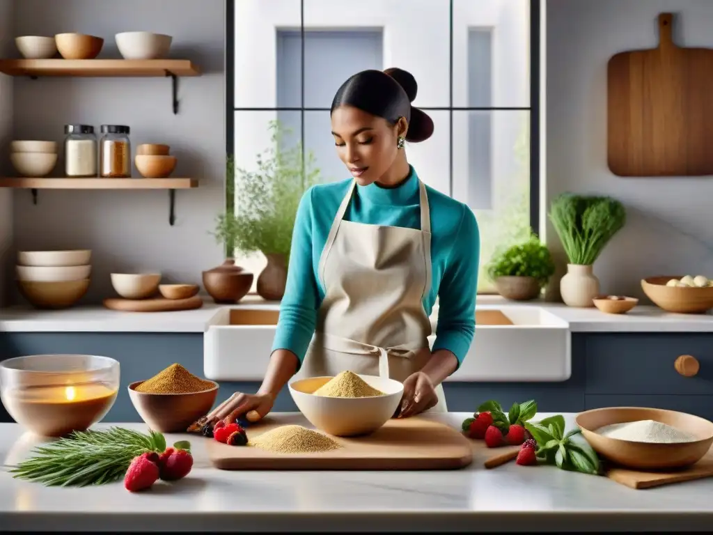 Un escenario de cocina sereno con harinas sin gluten para hornear y coloridos ingredientes frescos en una encimera de mármol