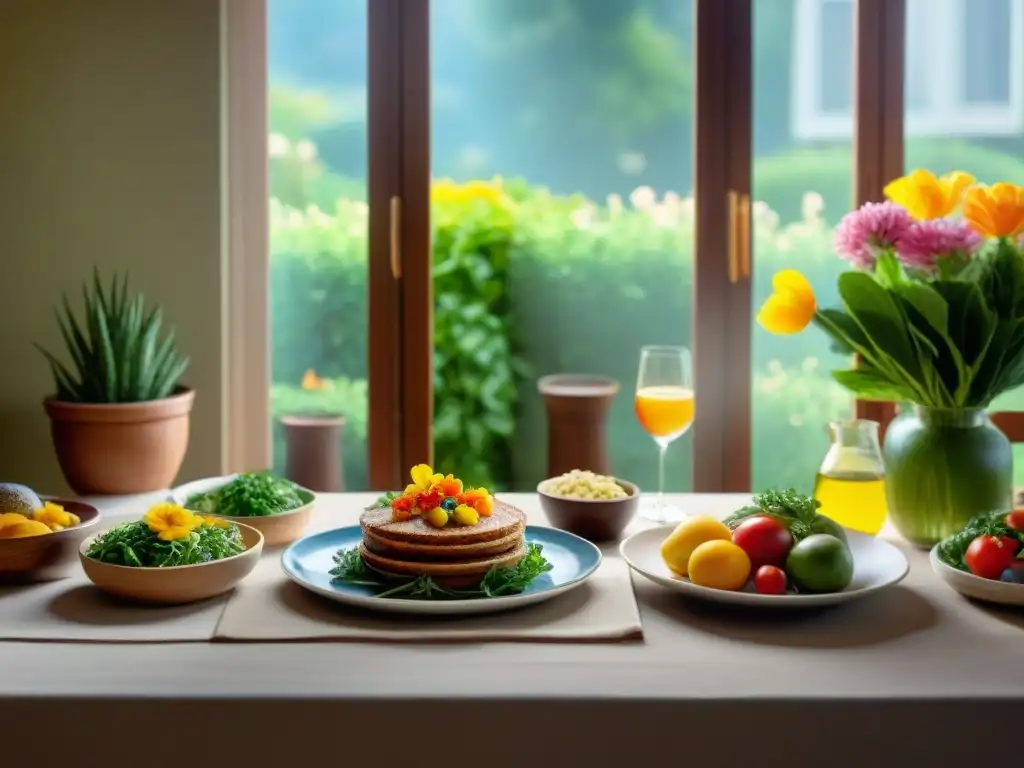 Un escenario de cocina sereno y soleado con una mesa decorada y coloridos platos sin gluten, transmitiendo mindfulness y alegría