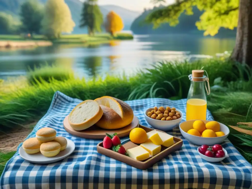 Un escenario detallado y vibrante de un picnic sin gluten junto al lago, con alimentos frescos y paisaje sereno