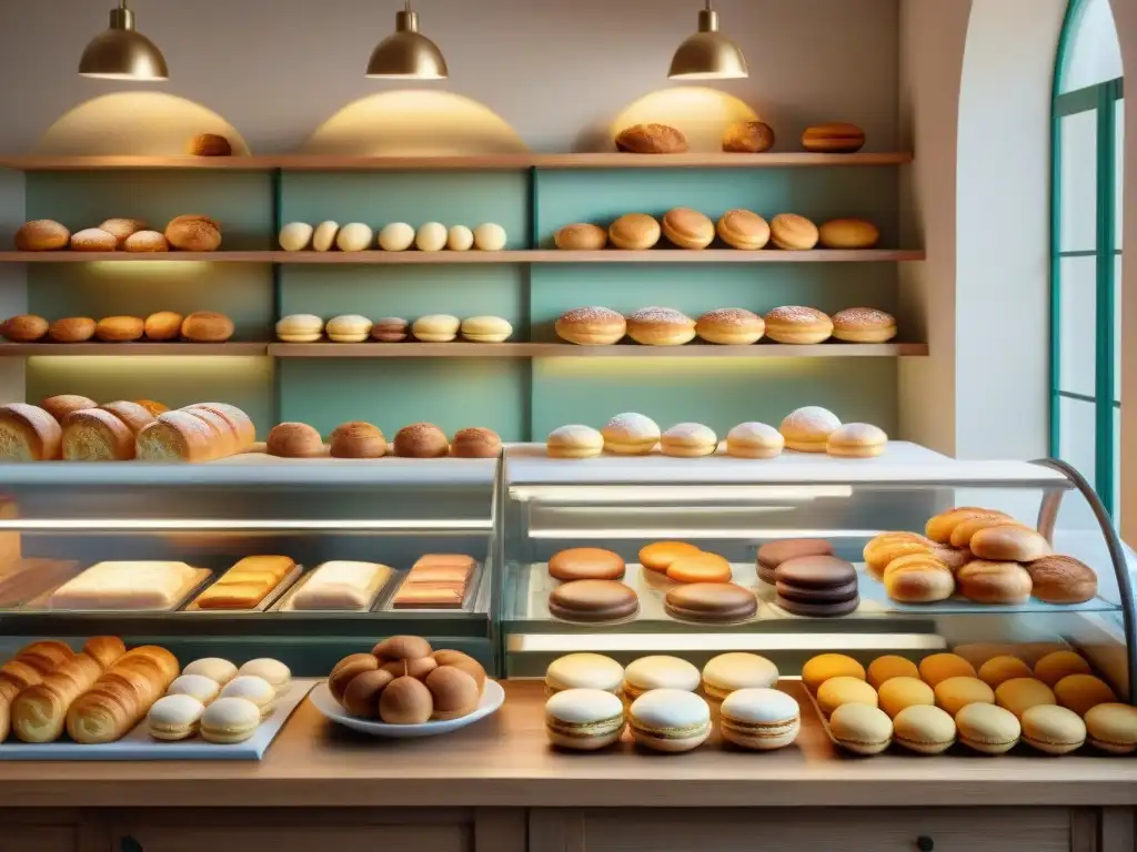 Un escenario de panadería francés con delicias sin gluten exhibidas en estantes de madera