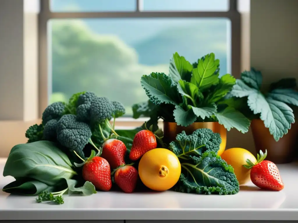 Un escenario fresco y vibrante de frutas y verduras frescas, exudando energía y salud para batidos sin gluten energéticos saludables