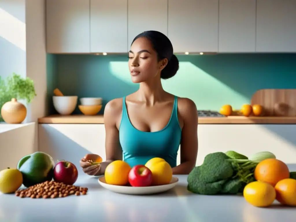 Un escenario luminoso de una mesa de cocina con alimentos saludables sin gluten, transmitiendo bienestar y claridad mental