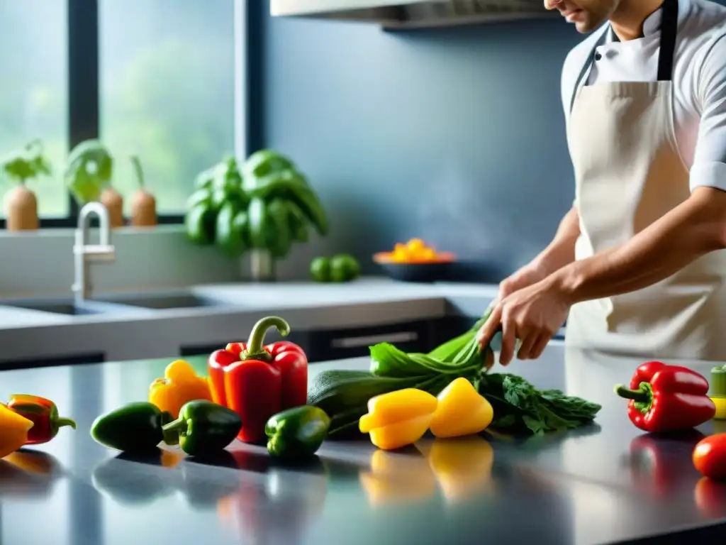 Un escenario sereno de cocina con ingredientes sin gluten organizados, un chef cortando pimientos vibrantes y una olla burbujeante en la estufa