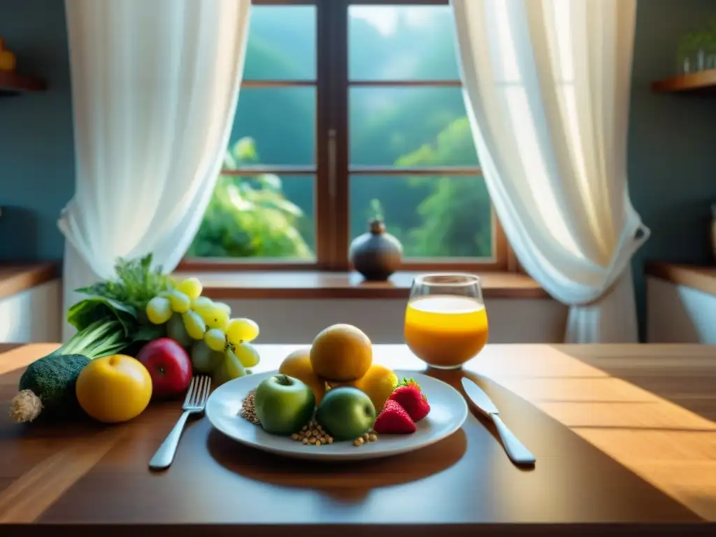 Un escenario sereno de cocina con mesa de madera para uno y comida sin gluten, en un entorno de bienestar y mindfulness para vida sin gluten