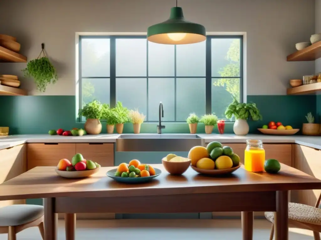 Un escenario sereno y luminoso en una cocina, con una mesa de madera preparada para una comida sin gluten