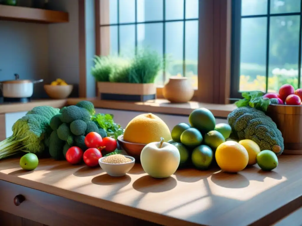 Un escenario tranquilo y acogedor en una cocina, con una mesa de madera llena de frutas, verduras y granos sin gluten, bañados por la luz del sol