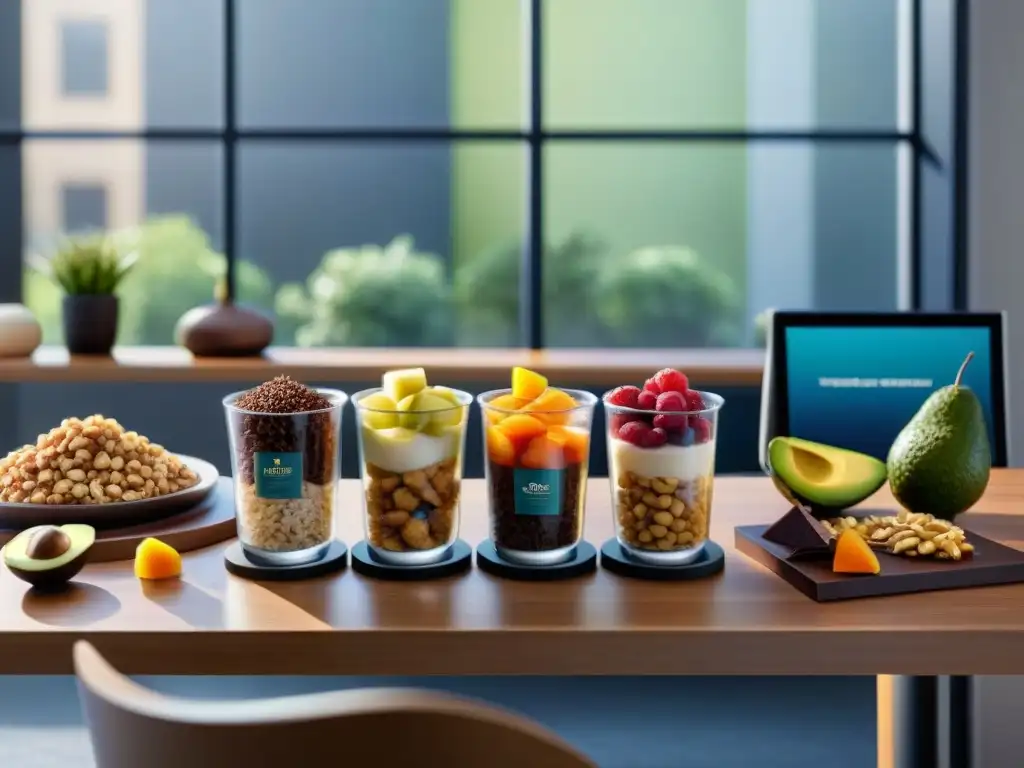 Un escenario vibrante y saludable de snacks sin gluten energéticos en una oficina elegante