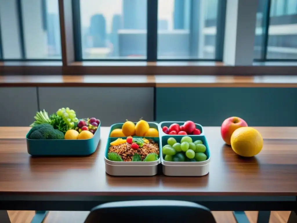 Escritorio moderno con deliciosa comida sin gluten en cajas bento, frutas frescas y vegetales