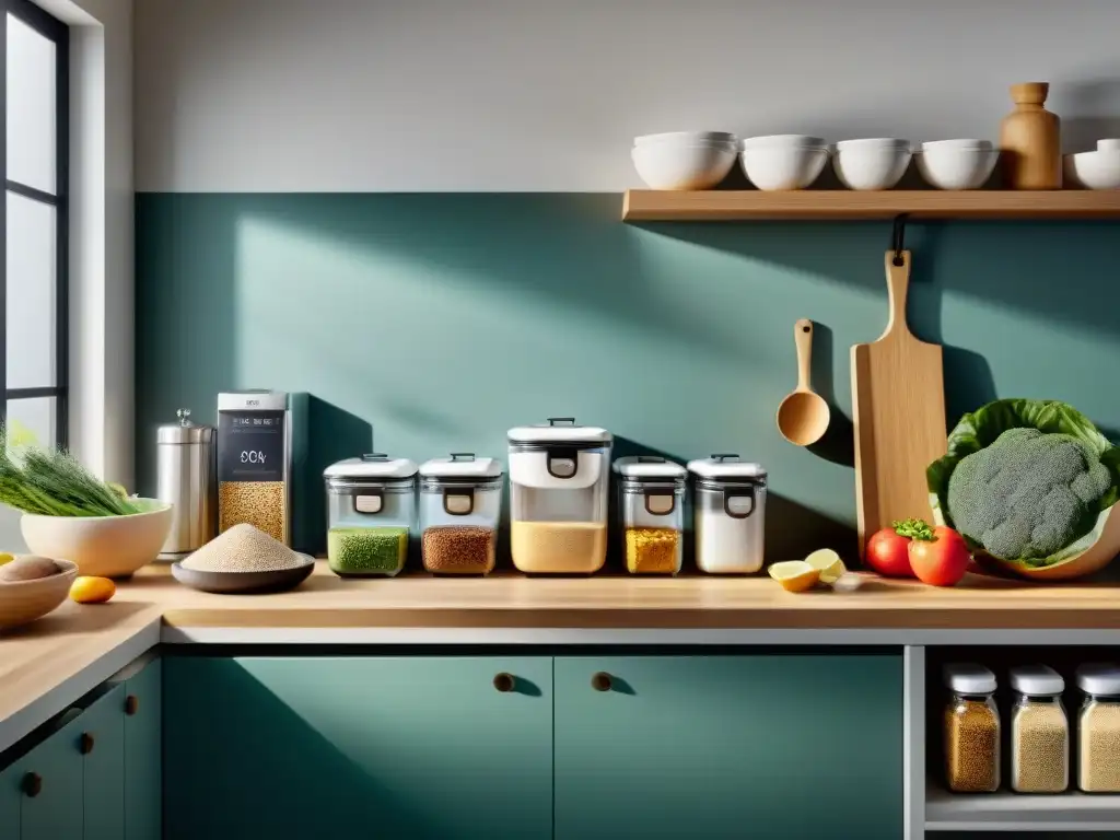 Un espacio de cocina impecable y organizado, con zonas separadas para ingredientes y utensilios sin gluten, todo etiquetado y codificado por colores