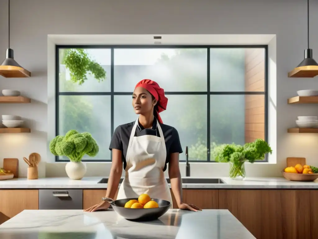 Un espacio de cocina moderno y impecable, lleno de ingredientes sin gluten organizados, bañado por luz natural