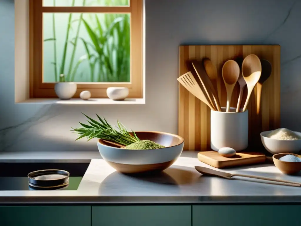 Espaciosa cocina ecológica con utensilios de bamboo y ingredientes sin gluten