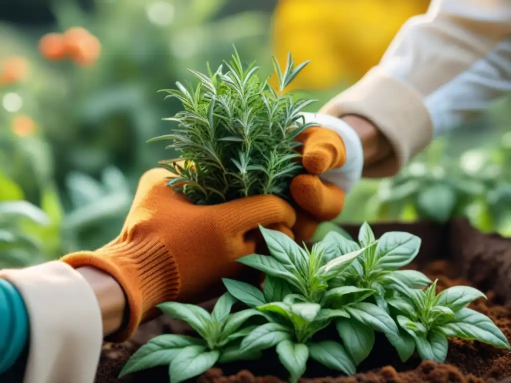 Cosechando especias sin gluten en casa, una escena vibrante de jardín aromático con hierbas frescas y luz cálida