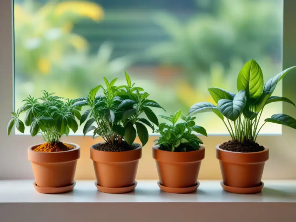 Cultiva especias sin gluten en casa: Una escena vibrante de especias frescas en terracotas iluminadas en un jardín de hierbas