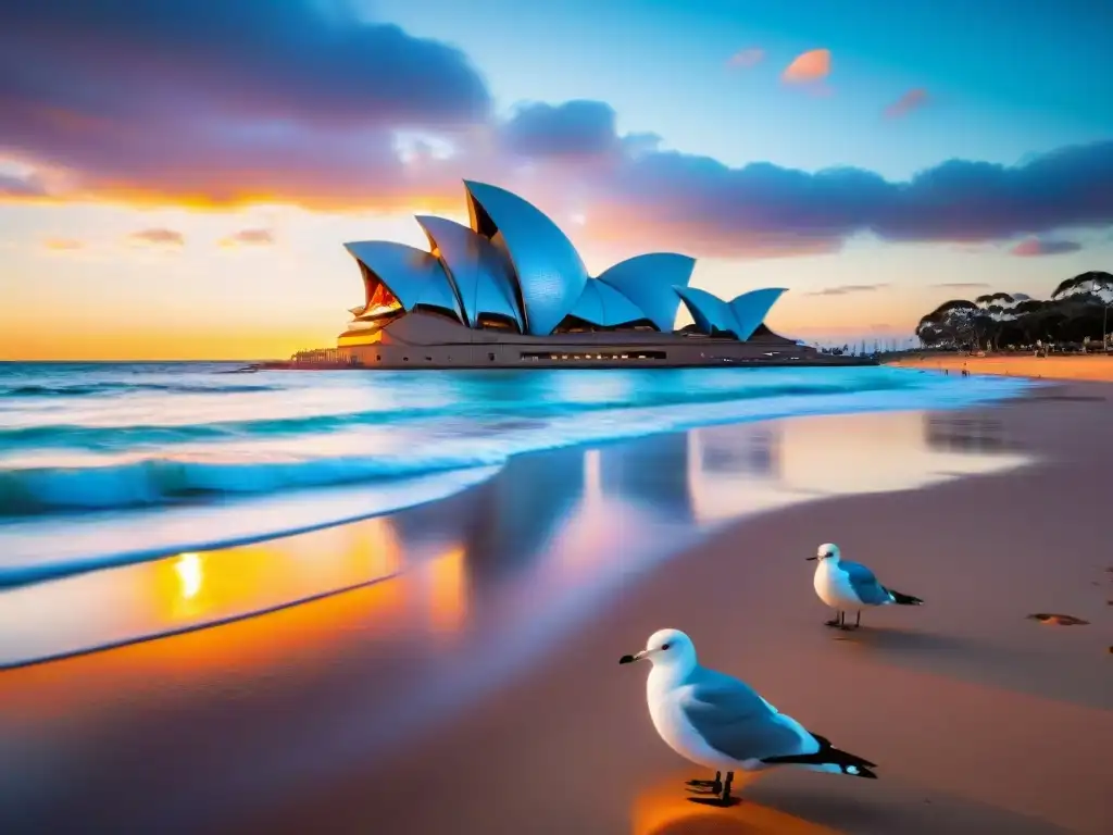 Espectacular atardecer en una playa australiana con la Ópera de Sídney al fondo