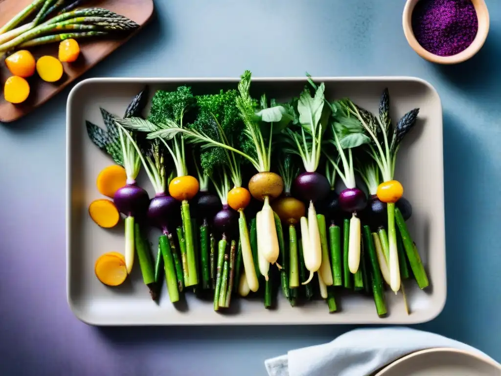 Un espectacular plato de verduras asadas coloridas y sabrosas, guarniciones sin gluten innovadoras, decoradas con hierbas frescas y bañadas en glaseado balsámico, sobre una tabla de madera rústica bajo una suave iluminación natural