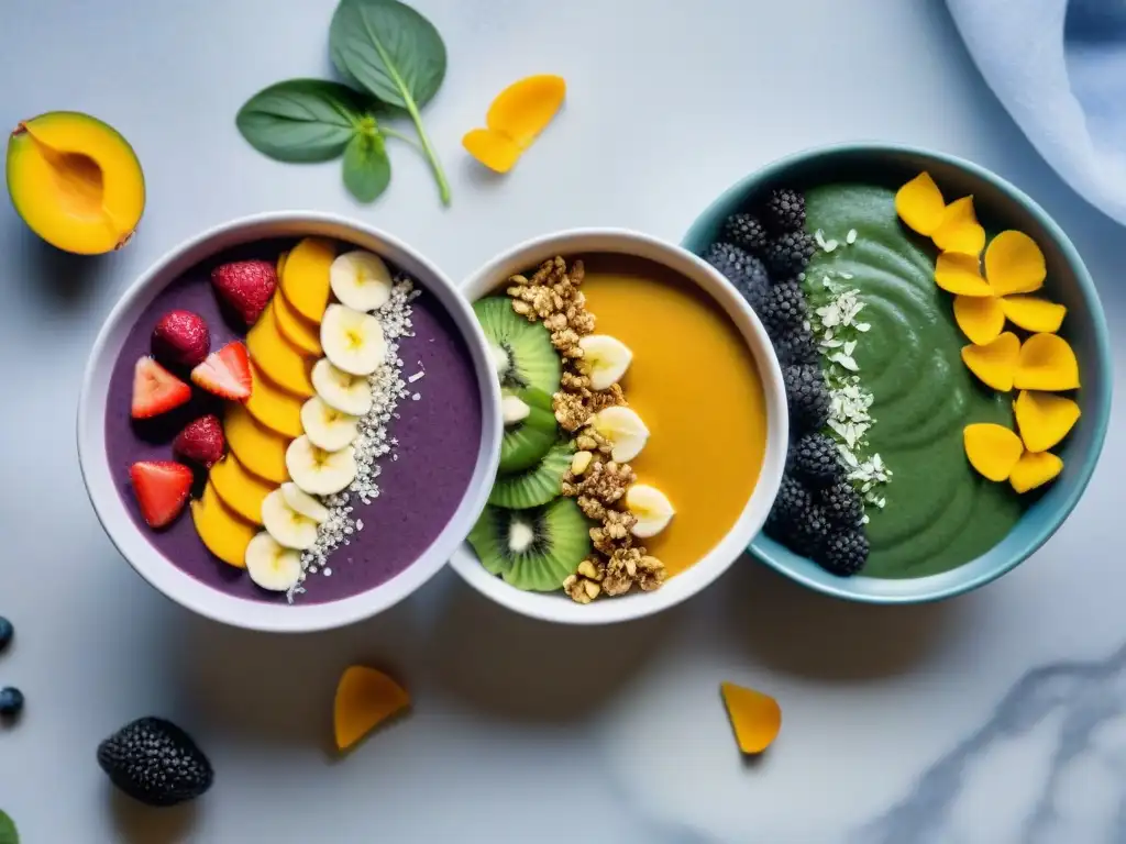 Un espectáculo de Smoothie Bowls sin Gluten veganos en una gama vibrante de colores frescos