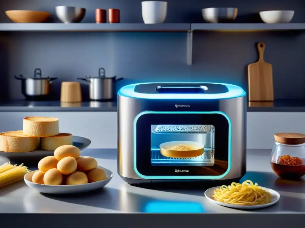 Una estación de cocina sin gluten con gadgets innovadores de diseño futurista y revolucionario