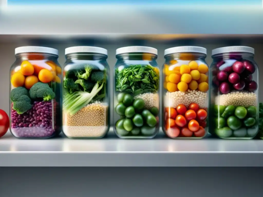 Una estación de preparación de comidas con menús sin gluten y carbohidratos, colores vibrantes y organización impecable