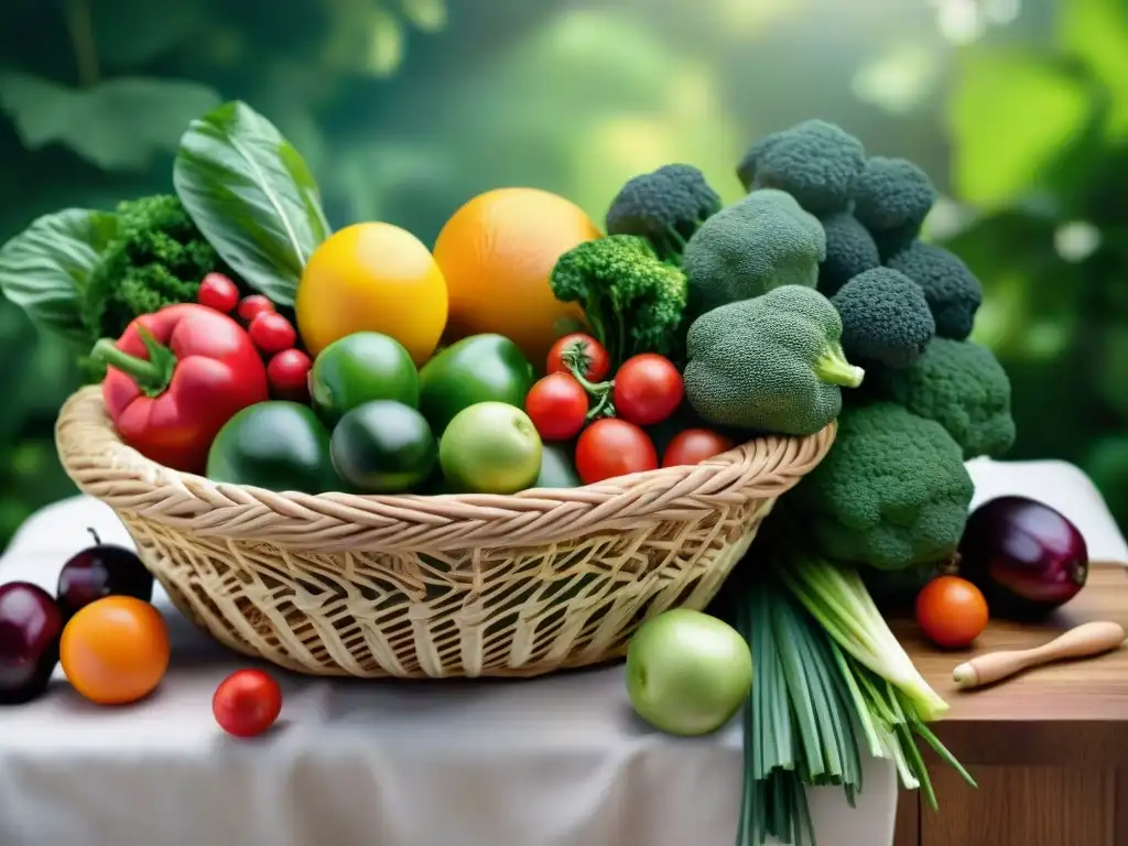 Abundancia natural: frutas y verduras frescas en jardín vibrante Un estallido de colores frescos y naturales en una cesta de mimbre, rodeado de un exuberante jardín verde y bañado por la luz del sol