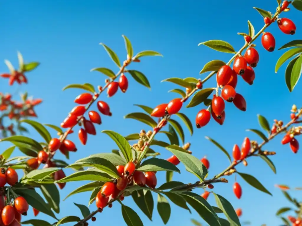 Un estallido de frescura: planta de bayas de goji sin gluten rebosante de frutos rojos maduros bajo el sol brillante y cielo azul